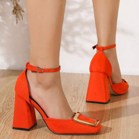 Orange Suedette Embellished Ankle Strap Block Heel Square Toe Pumps Shoes - Picture 5 of 5